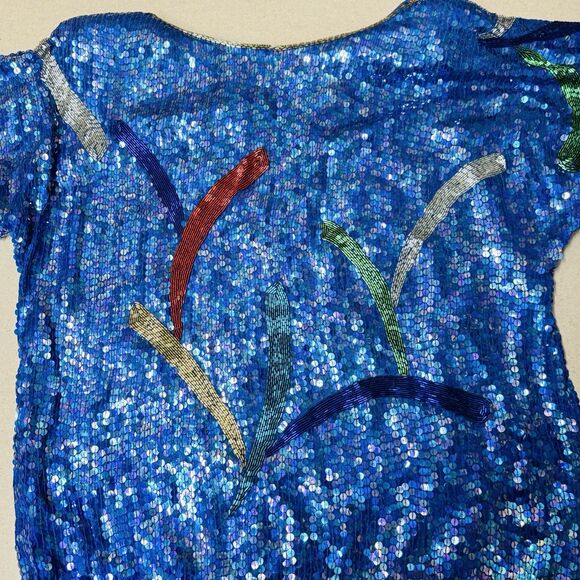 VTG JUDITH ANN Creations Blue Multicolor Sequin Beaded Silk Jacket L Glam Evenin - Picture 4 of 10